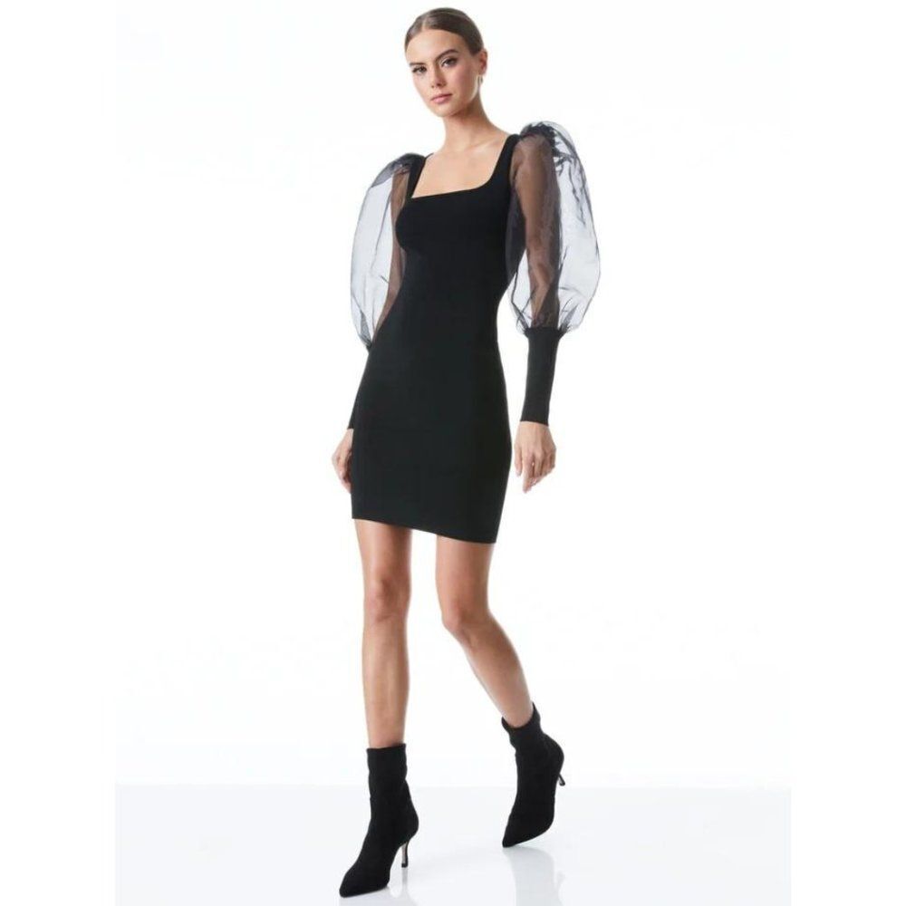 Alice + Olivia Abella Puff Sleeve Black Knit Bodycon Mini Dress